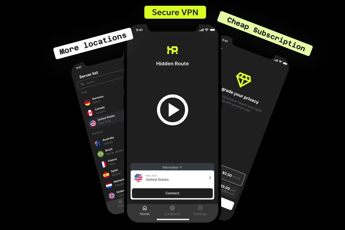 HiddenRoute VPN app interface preview